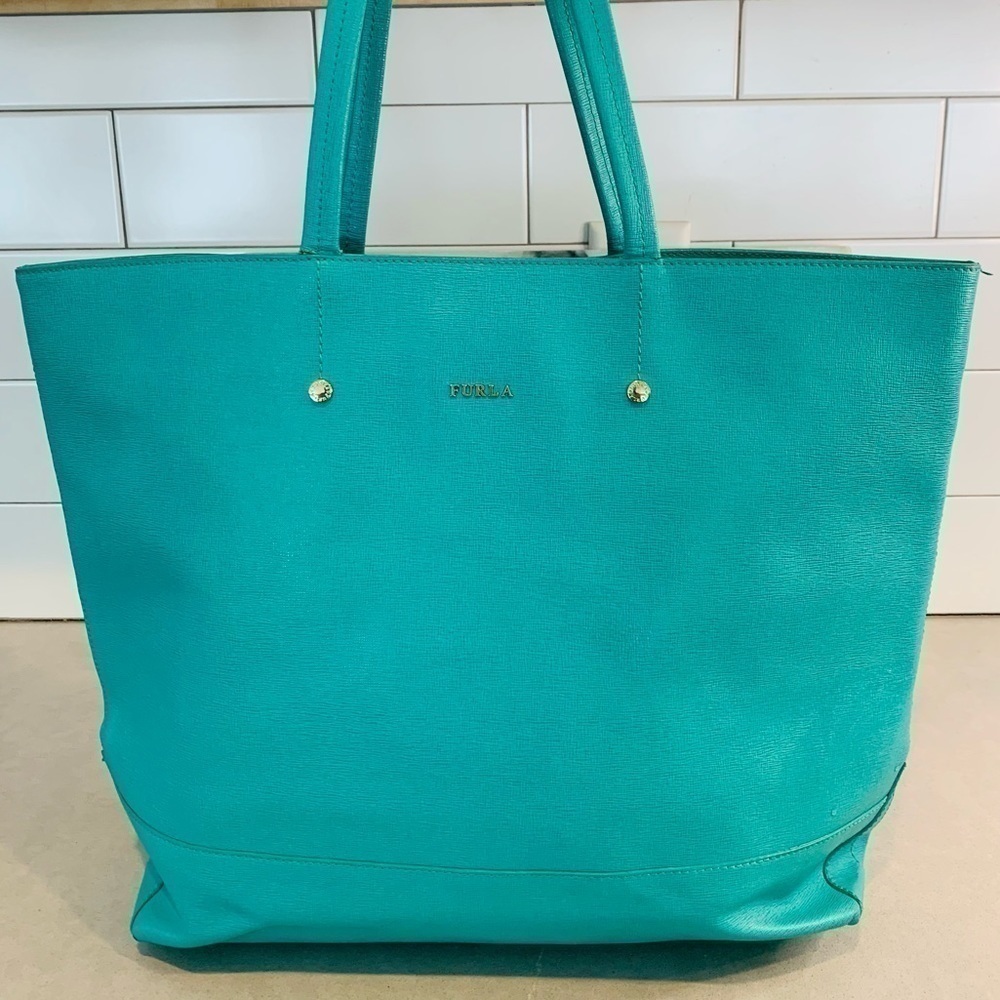 FURLA Teal Leather Tote Shoulder Bag